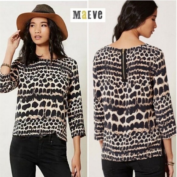 Maeve Anthropologie Linosa Silk Top/Blouse Women's Size X-Small Animal Print - Picture 1 of 9